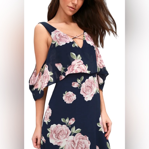 LULUS The Very Thought of You Navy Blue Floral Print Maxi Dress Gown Size M Rose - Picture 2 of 14